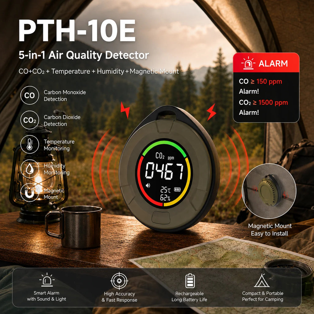 FABISENSE 10E 5 in 1 Portable Carbon Monoxide CO Detector, CO2 RV Carbon Dioxide Detector Alarm Temp/Humidity