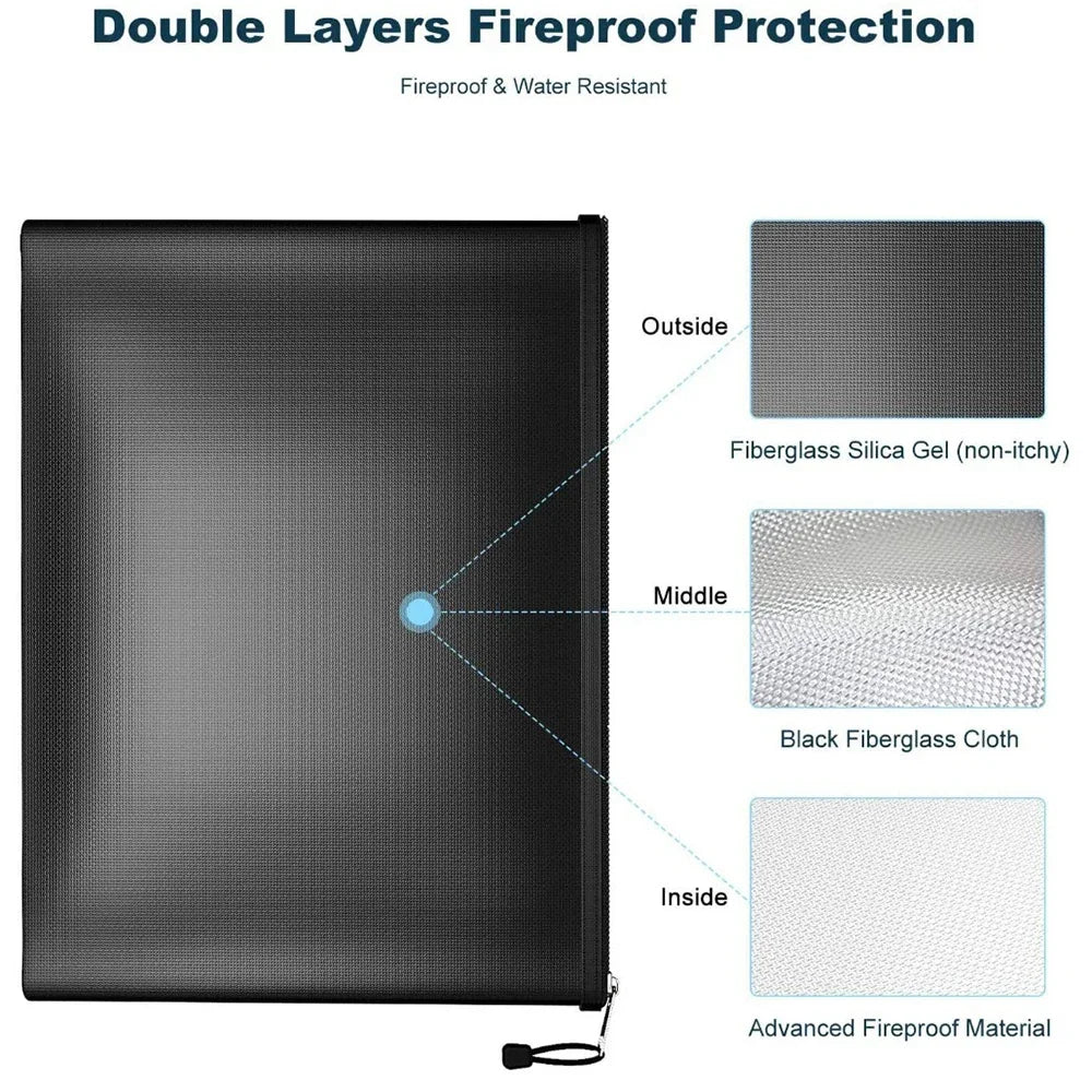 Fireproof Waterproof Money Bag with Pockets Flame Resistant Document File Pouch Cash Bank Deposit Safe Storage Zipper Closure