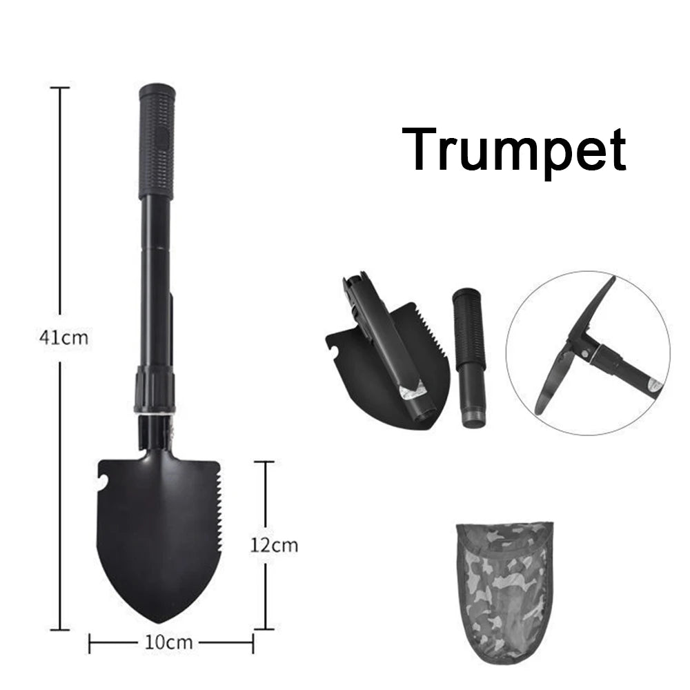 Folding Shovel Multi-Tool with Sawtooth & Pickaxe – Portable Short & Long Handle Carbon Steel Spade for Camping Survival Gardeni