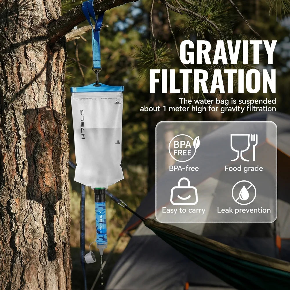 WRELS Outdoor Mini Camping Hiking Purification Water Filter Straw Carbon Fiber Water Bag for Survival or Emergency Supplies