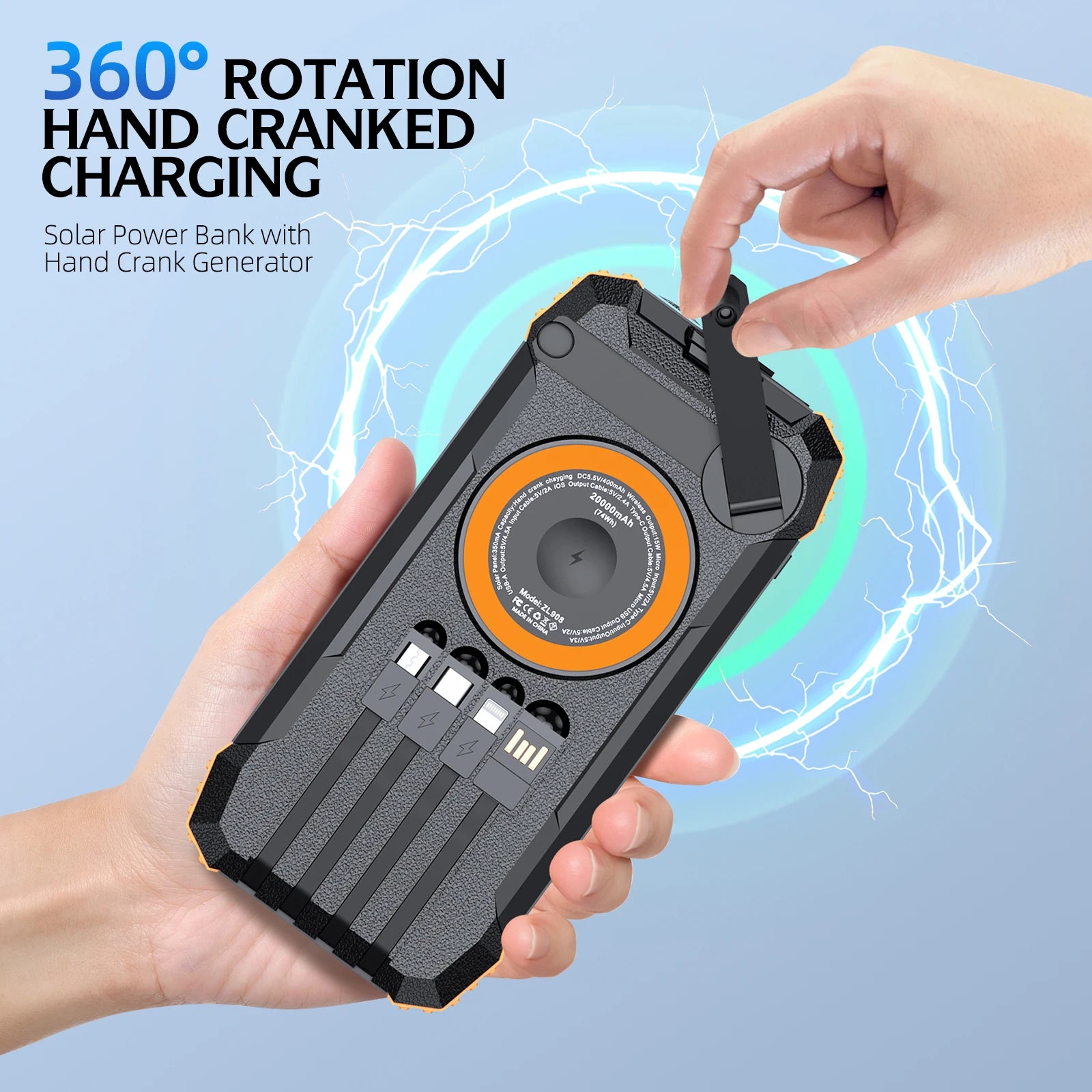 100000mAh Waterproof Flashlight Outdoor Solar Power Bank Hand Crank Battery Charger Powerbank for iPhone Xiaomi Samsung