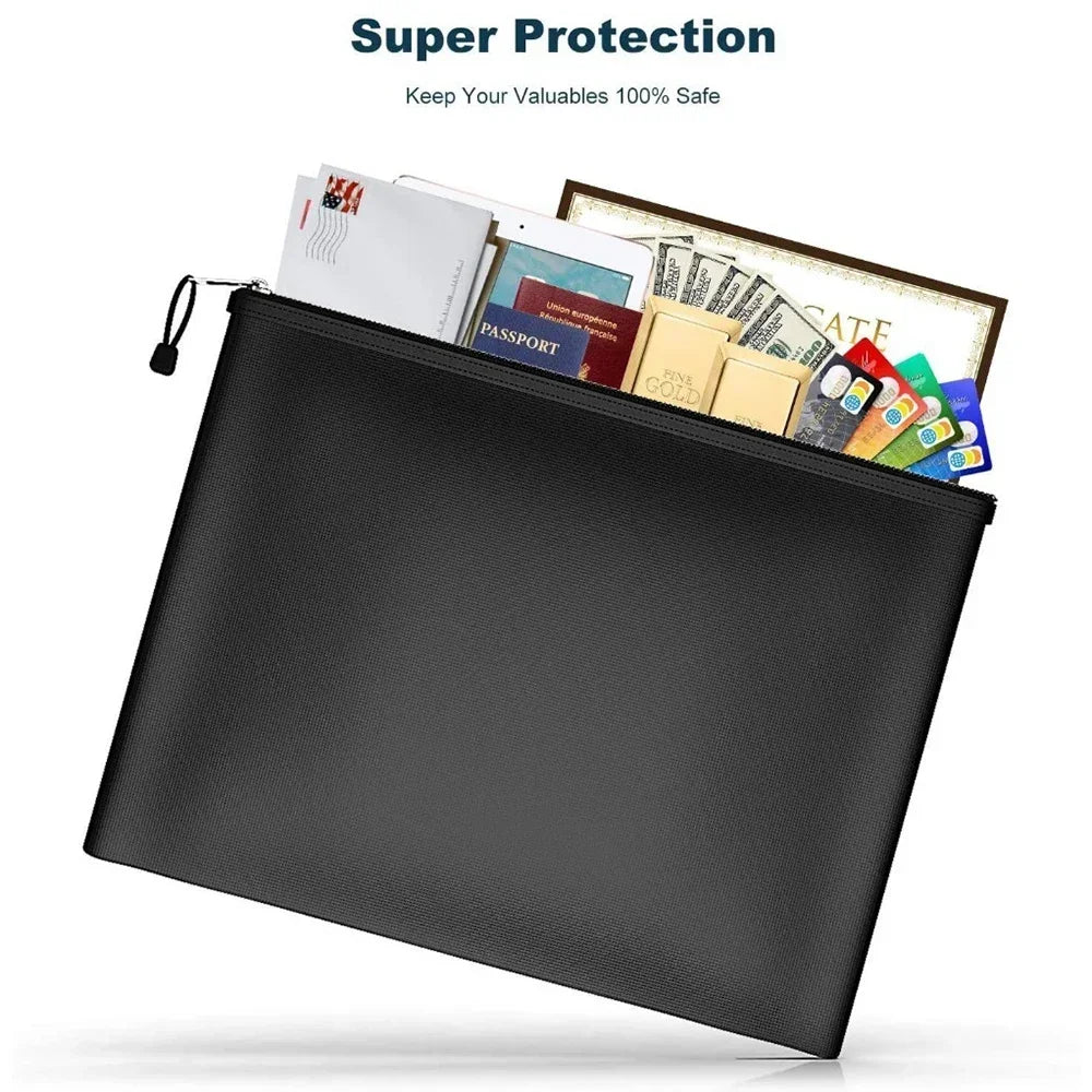 Fireproof Waterproof Money Bag with Pockets Flame Resistant Document File Pouch Cash Bank Deposit Safe Storage Zipper Closure