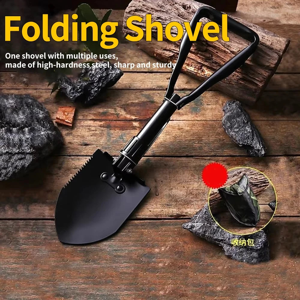 Folding Shovel Multi-Tool with Sawtooth & Pickaxe – Portable Short & Long Handle Carbon Steel Spade for Camping Survival Gardeni