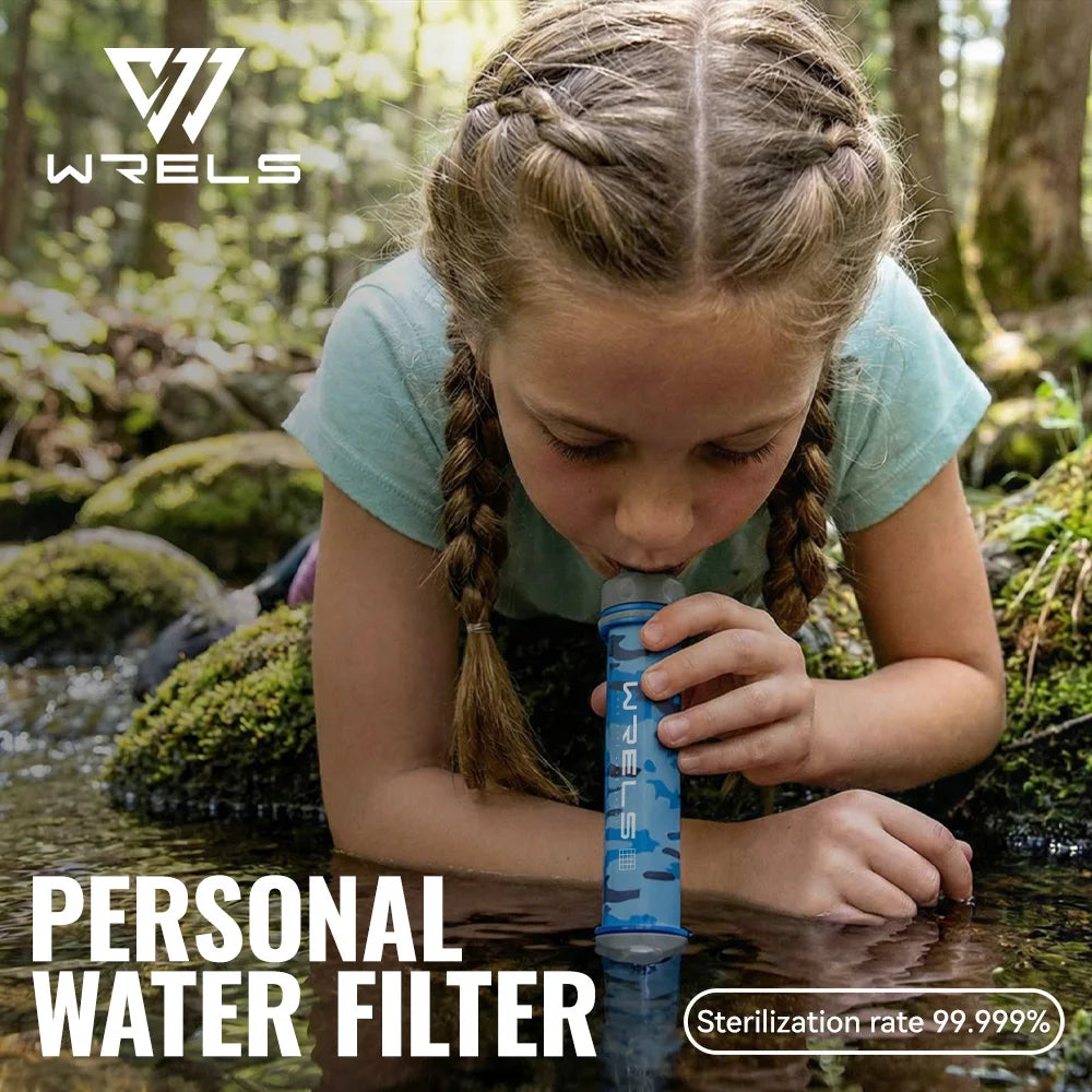 WRELS Outdoor Mini Camping Hiking Purification Water Filter Straw Carbon Fiber Water Bag for Survival or Emergency Supplies