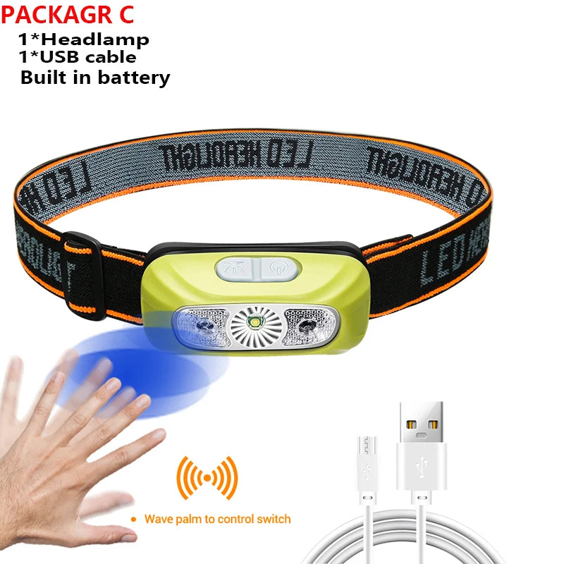 Strong Light Headlamp Portable LED Sensor Headlamp USB Rechargeable Head Flashlight Outdoor Camping Fishing Emergency Lantern