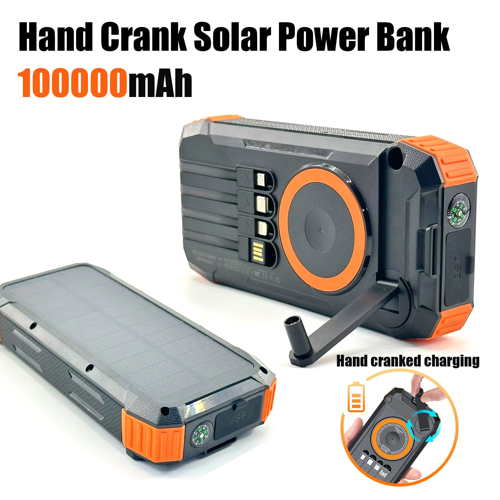 100000mAh Waterproof Flashlight Outdoor Solar Power Bank Hand Crank Battery Charger Powerbank for iPhone Xiaomi Samsung