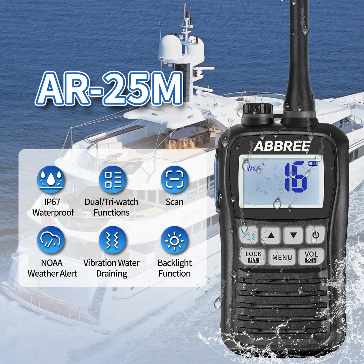 ABBREE AR-25M Marine Radio Transceiver Walkie Talkie IP67 Waterproof VHF Handheld Float Vessel Talk NOAA Two Way Radio for Boat