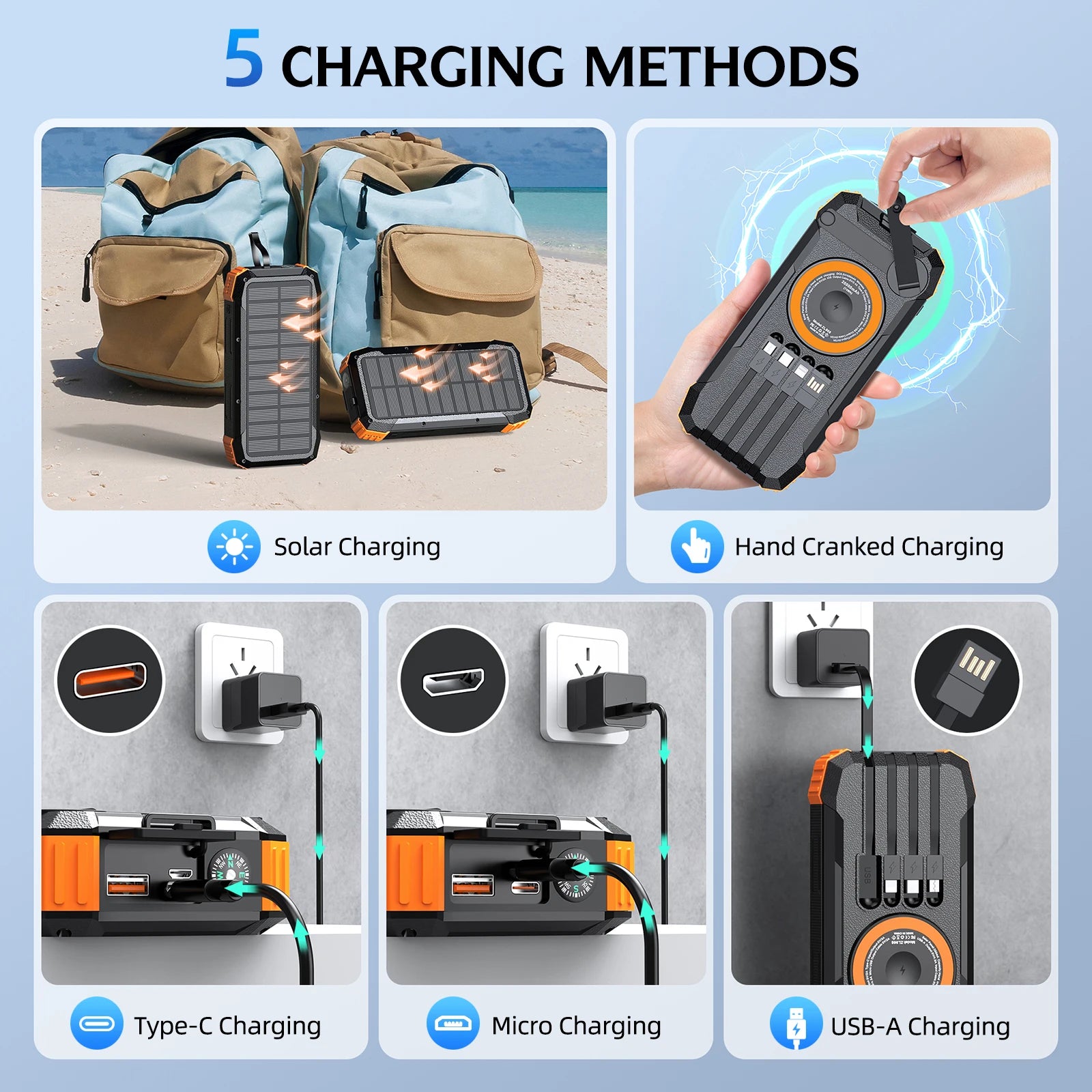 100000mAh Waterproof Flashlight Outdoor Solar Power Bank Hand Crank Battery Charger Powerbank for iPhone Xiaomi Samsung