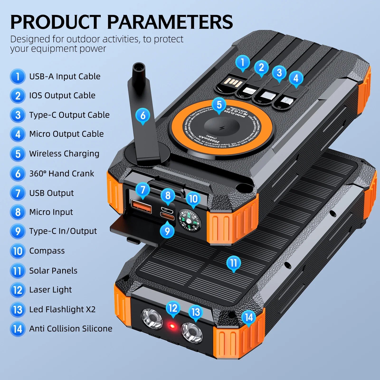 100000mAh Waterproof Flashlight Outdoor Solar Power Bank Hand Crank Battery Charger Powerbank for iPhone Xiaomi Samsung