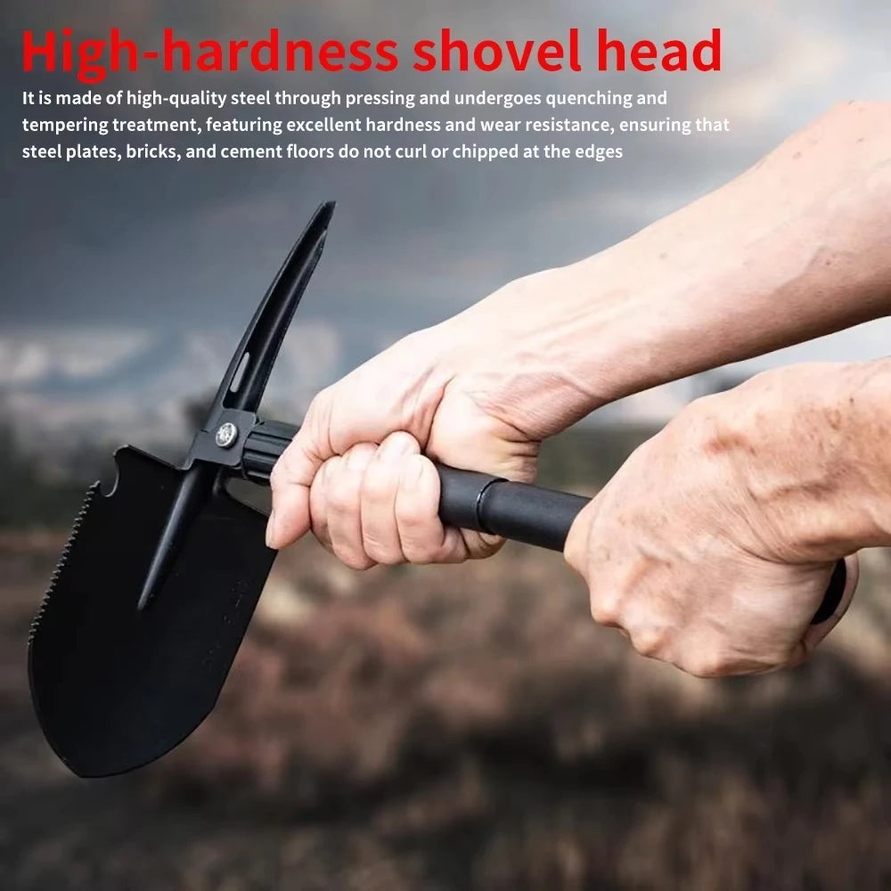 Folding Shovel Multi-Tool with Sawtooth & Pickaxe – Portable Short & Long Handle Carbon Steel Spade for Camping Survival Gardeni