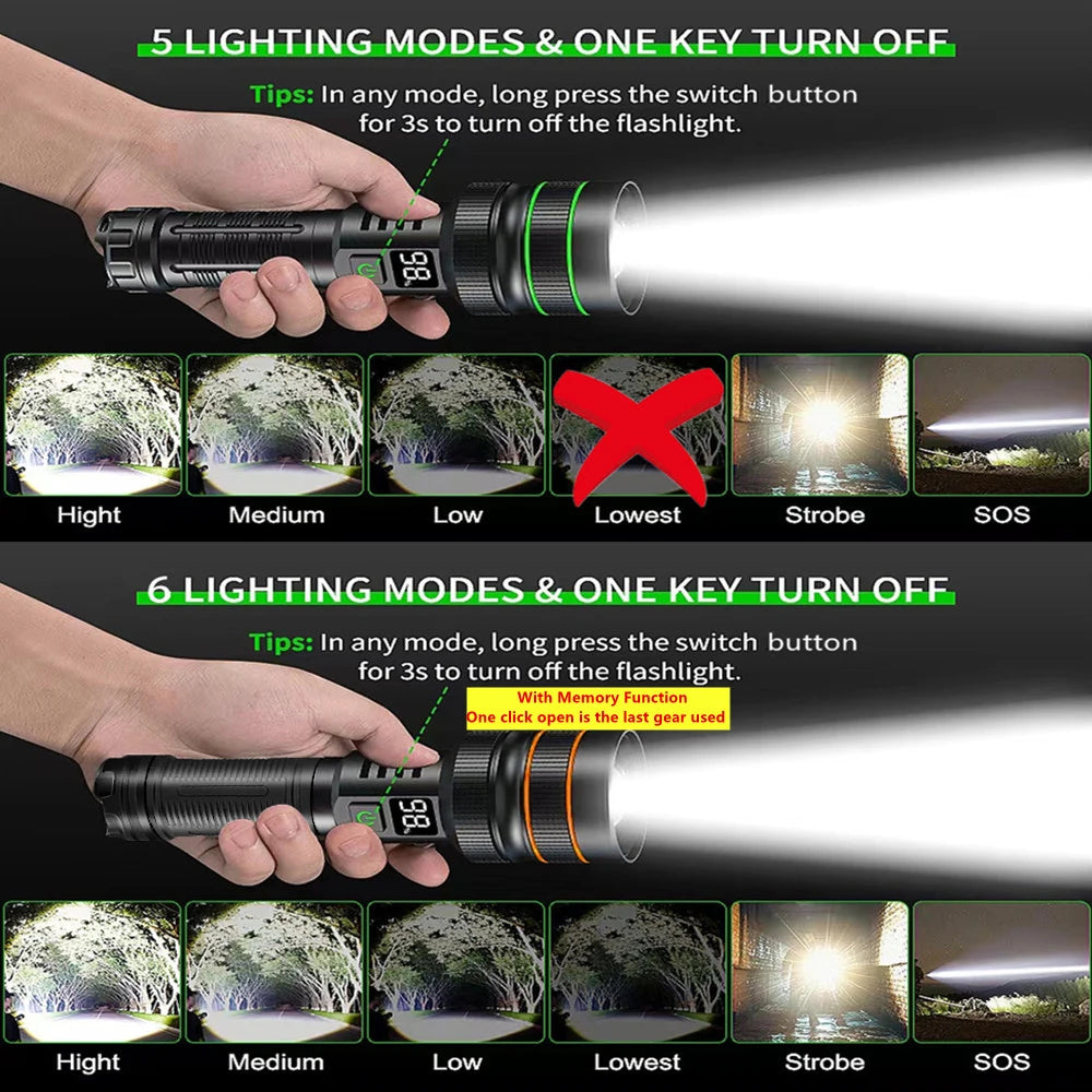 Super Long Range LED Flashlight USB Rechargeable Handheld Tactical Torch High Power Zoomable Work Light for Camping Hunting Use