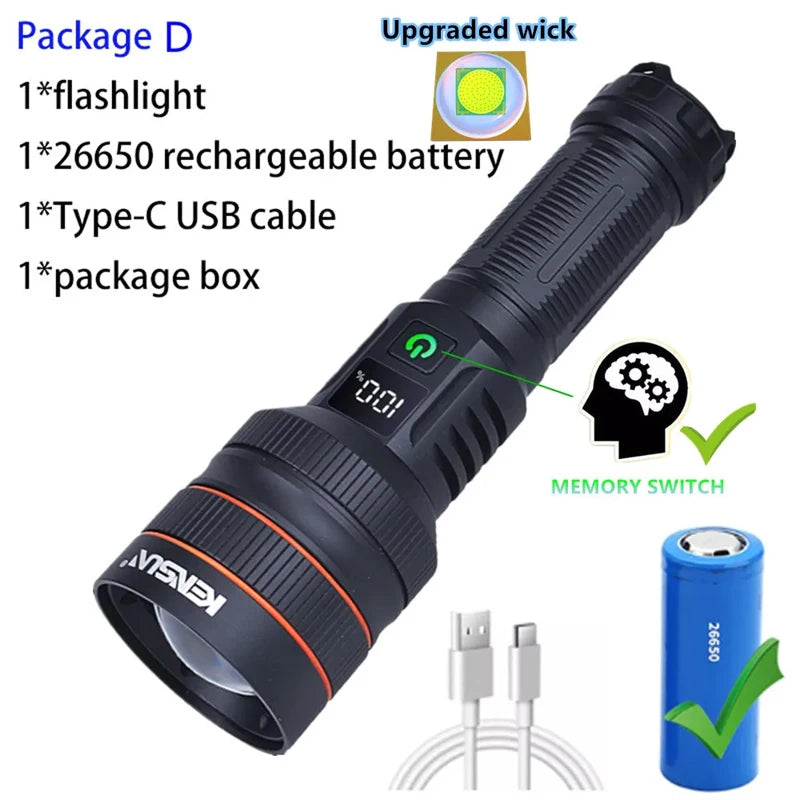 Super Long Range LED Flashlight USB Rechargeable Handheld Tactical Torch High Power Zoomable Work Light for Camping Hunting Use