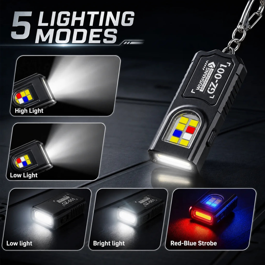 Powerful Mini COB LED Keychain Flashlight USB C Rechargeable Hanging Work Light Waterproof Keyring Camping Walking Pocket Lamp