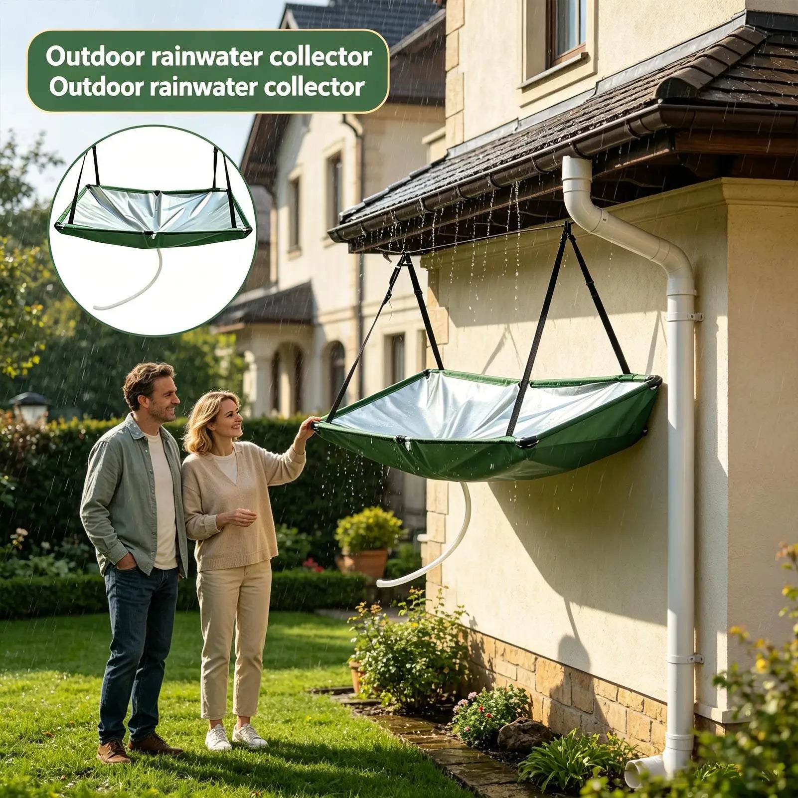 Outdoor rainwater harvester, water guide, rainwater collection device, hanging rainwater collection cover with 1m water hose