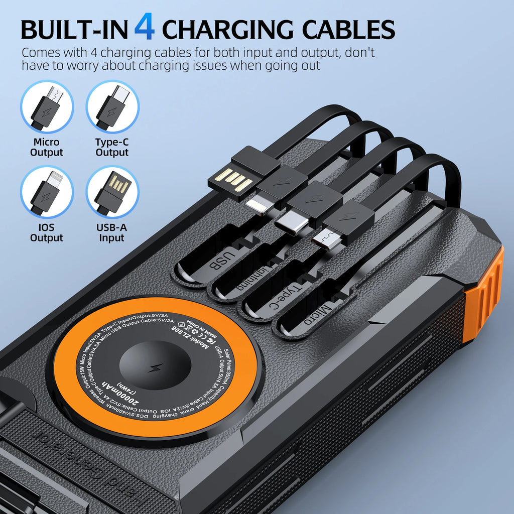 100000mAh Waterproof Flashlight Outdoor Solar Power Bank Hand Crank Battery Charger Powerbank for iPhone Xiaomi Samsung