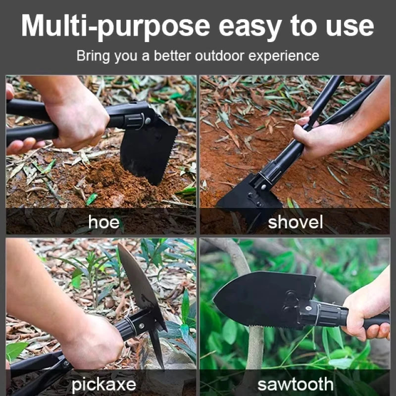 Folding Shovel Multi-Tool with Sawtooth & Pickaxe – Portable Short & Long Handle Carbon Steel Spade for Camping Survival Gardeni